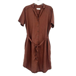 Bridge & Burn Button Up Shirt Dress Brown Belted Pockets Tencel Linen Size XL